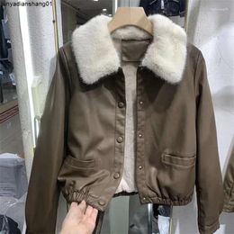 Womens Leather Autumn and Winte Pu Skin Plush Thickening Female Jacket Coat Women Large Woollen Collar Short Tops