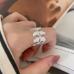 Cluster Rings Real 925 Sterling Silver Leaf Open Delicate Ginkgo Biloba Leaves Adjustable Ring Hypoallergenic Jewelry For Women