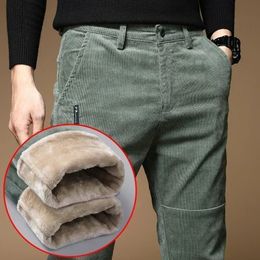 Winter Fleece Warm Corduroy Pants Men Business Fashion Slim Fit Stretch Thicken Grey Green Fluff Casual Trousers Male 240219