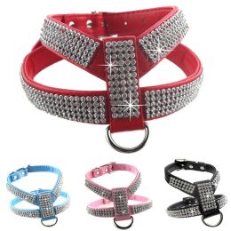 Harnesses 4 Colors PU Leather Dog Harness Shining Rhinestones Pet Dress Up Supplies Adjustable Outdoor Harnesses For Small Medium Dogs