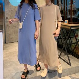 Dress Casual Summer Dresses For Women 2023 Solid Short Sleeve Open Side Long Khaki Black Dress Vestido Feminino