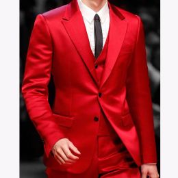 Suits Slim Fit Red Men Suits for Prom Singer Stage 3 Piece Satin Wedding Groom Tuxedo Male Fashion Jacket Waistcoat with Pants 2023