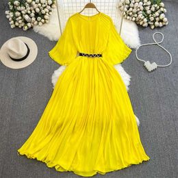 Basic Casual Dresses Casual Dresses A-Line Sexy New Elegant Mid-length Pleated Dress With Belt Round Half Sleeve Ladies Chiffon Dresses Vestidos White Yellow 240302