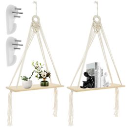 2Pcs Wood Wall Shelf Macrame Floating Display Shelves Hanging Plant Corner Holder Stand For Room Decor Boho Home Decoration 240219