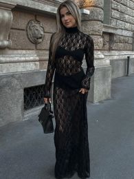 Dress Fashion Sexy Half High Collar Seethrough Mesh Lace Dress Women's Fall New Hollow Out Black Long Evening Dresses Streetwear 2023