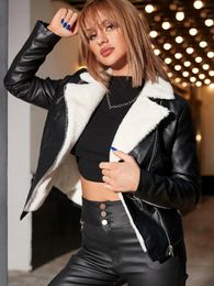 Fashion Women Autumn Winter Fleece Lined Zip Up Lapel PU Leather Moto Jacket Coat Streetwear 240228