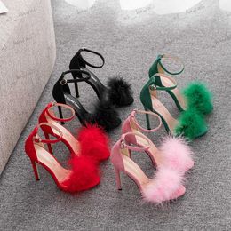 Sandals Crystal Queen Women Summer Sandals Fluffy Peep Toe Stilettos High Heels Fur Feather Lady Wedding Shoes Large Size 42 T240302