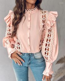 Women's Blouses Elegant Shirt For Women 2024 Spring Pearl Button Plain Embroidery Ruffles Lantern Sleeve Hollow Out Loose Top Vintage