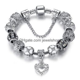 Charm Bracelets Charm Bracelets Heart Flower Shape Pan Dora Designs 925 Sier Vintage Beads Bangle Charms Girls Lady Crystal Rhinestone Dhimt