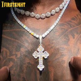 Iced Out Bling Hip Hop Cross Pendant Necklace Gold Plated Rectangle CZ Cubic Zirconia Charm Men Women Jewellery 240226