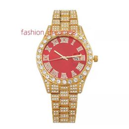 Thriving Gems Hiphop watch mens personality hip hop red face Roman diamond inlaid waterproof quartz Moissanite Watch