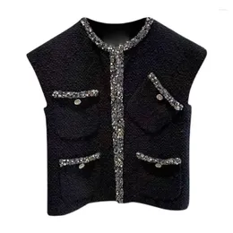 Women's Vests 2024 Autumn Winter Small Fragrant Wind Tweed Vest Women Elegant Round Collar Sleeveless Black Waistcoat Tops Q656