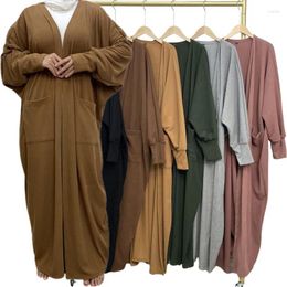 Ethnic Clothing Autumn Arabia Long Robe With Pockets Eid Muslim Women Plain Color Dress Dubai Open Abaya Turkish Maxi Islamic Kaftan