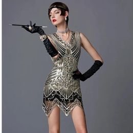 Dresses Women's 1920s Sequin Beaded Tassels Hem Flapper Dress Sleeveless Gold Thread Embroidery Fringe Great Gatsby Party Dress