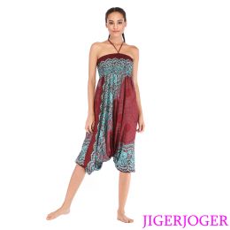 Outfit JIGERJOGER Wine Red Thai Big Round Mandala Pant 2 in 1 Jumpsuits Harem pant Strappy Halter Beach loose Baggy pants Yoga Leggings