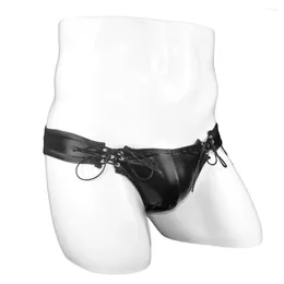 Underpants Men Sexy Underwear Faux Leather Boxers Shorts Low Waist Shiny Black Solid Color Pouch Underpant Bandage Intimates