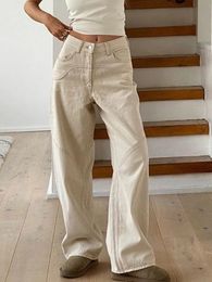 HOUZHOU Beige Jeans Baggy Women Casual Denim Trousers Vintage High Waist Wide Leg Pants Classic Streetwear Fashion Autumn Ladies 240219