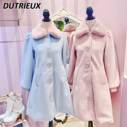 Blends Sweet Cute Retro French Rhinestone Long Jacket for Women Lolita Girls Woollen Coats 2023 New Winter Elegant Trench Coat Female