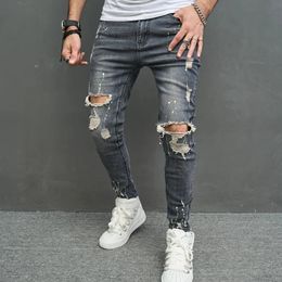 Ripped Skinny Men Pencil Jeans Pants Stylish Male Hip Hop Speckle ink Printed Holes Distressed Stretch Denim Trousers For Mens 240227