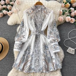 Dress White Dresses For Women Elegant Bohemian O Neck Lantern Long Sleeve High Waist Dress With Belt Cotton Blend Print ALine Mujer