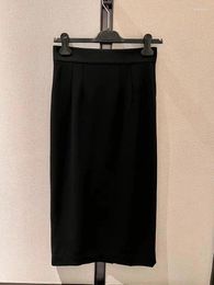 Skirts Fashion Elegant Pure Cotton Knit Skirt For Women 2024 High Quality Metal Trim Solid Black Back-Zip Mid-Calf Lady