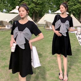 Dresses Korean Style Summer Short Sleeve Pregnant Women Dress With Large Mesh Bowknot Casual Maternity Cotton Dress Sweet Woman Clothes