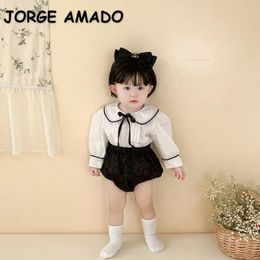 Korean Style Spring Baby Girl Sets Long Sleeves Peter Pan Collar White Bow ShirtsBlack Shorts Kids Clothing E6811 240226