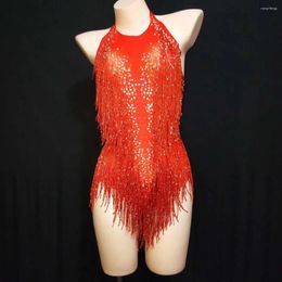 Stage Wear Red Backless Sexy Shining Rhinestones Women Tassel Bodysuits Pole Dance Prom Costume Nightclub Bar Clothing Rave Outfits