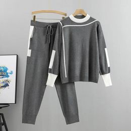 Women's Two Piece Pants Korean Elegant Women Knitted Suit Patchwork Sweater Pullover Top And Elastic High Waist 2 Pieces Set Female Autumn