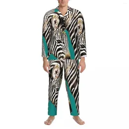 Mens Sleepwear Trendy Zebra Print Pajamas Men Black And White Abstract Stripes Daily Nightwear Spring 2 Piece Vintage Oversized Pajama Sets