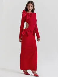 Casual Dresses O Neck Long Sleeve Bodycon Club Party Dress Elegant Bow Backless Sexy Maxi For Women Fashion Red