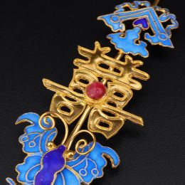 Jewelry Ethnic Style Southern Red Tourmaline Ancient Gold Craft Auspicious Enamel Blue Charm Tiara Hair Accessories Pin Jewelry