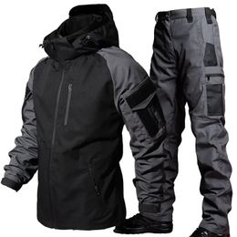 Tactical Waterproof Jacket Sets Men Combat Training Suit Outdoor Soft Shell Work Wear SWAT Army Hooded Jackets Pants 2 Pcs Set 240220