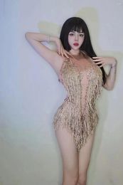 Stage Wear Gold Shining Rhinestones Tassel Halter Sexy Bodysuits For Women Nightclub DJ Clothing Pole Prom Wears Singer Costumes