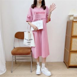 Dresses Summer Breastfeeding Long Dress For Pregnant Women Shortsleeved Letter Maternity Nursing Clothes Pregnancy Party Dresses Casual