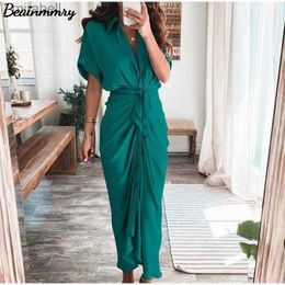 Dresses woman dress Summer Elegant Ruched Bandage Shirt Dresses Fashion Short Sleeve Solid Neck Beach 240302