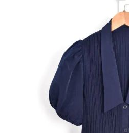 Dress 2022 women's dark blue new dress Vneck singlebreasted puff sleeves French brand elegant casual dress women