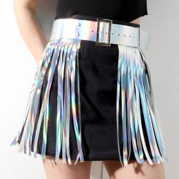 Skirt Women Holographic Laser Waistband Tassel Skirt 2023 Summer New Belt High Waist Nightclub Party Mini Skirt Beach Bikini Match