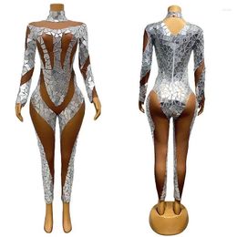 Stage Wear Sparkly Silver Mirrors Jumpsuit Women'S Party Gogo Dance Costume Sexy Mesh Stretch Leotard Performance Festival Outfit