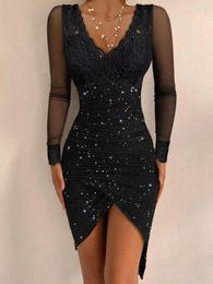 Casual Dresses Fashion Women Clothing Asymmetrical See Through Sexy V Neck Black Dress Contrast Lace Long Sleeve Ruched Glitter Bodycon