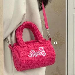 Evening Bags MBTI Pink Cute Womens Shoulder Bag Letter Embroidery Barrel-shaped Designer Handbag Elegant Korean Fashion Casual Crossbody