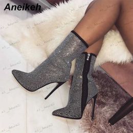 Sandals Aneikeh Spring Banquet Sexy Shiny Crystal Rhinestones Womens Ankle Boots High Heels Nightclub Modern Booties For Females Shoes T240302