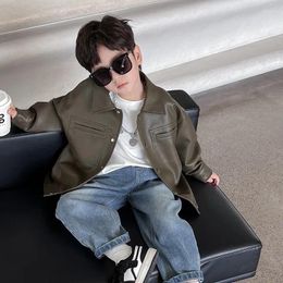 Jackets Outerwear Children Clothing Turn Down Collar Leather Spring Autumn Korean Boys Girls Baby Versatile Coat Tide Cool