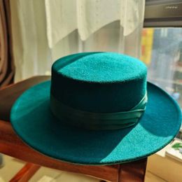 Berets 202402-pan-green Wool Felt Winter Beauty Colour Ribbon British Classics Fedoras Cap Men Women Leisure Panama Jazz Hat