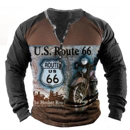 Vintage Tshirt For Men Cotton T Shirts Rout 66 Graphic Tshirts Long Sleeve VNeck Tee 3D Printed Oversized Mens Clothing Tops 240226