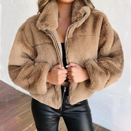 Fur 2020 New Faux Fur Women Coat With Hood High Waist Ladies Fashion Slim Solid Color Faux Fur Jacket Fake Rabbit Fur Coats