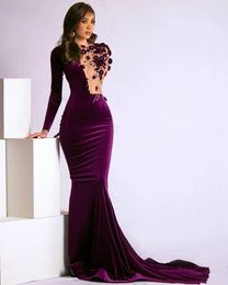 Prom Dresses Evening Gown Party Trumpet Mermaid Formal Long Sleeve Custom Zipper Lace Up Plus Size New Beaded Illusion O-Neck Hand Made Flowers Velvet Dark Purple