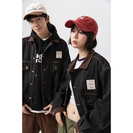 American Vintage Denim Jacket For Men And Women Autumn Black Loose Lapel Couples Coat Top 240226