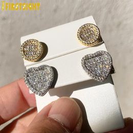 Iced Out Bling Micro Pave CZ 5A Cubic Zircoina Round Heart Shaped Screw Back Earring For Women Men Hip Hop Jewelry 240226
