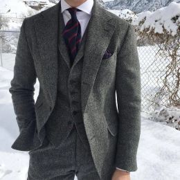 Suits Grey Wool Tweed Winter Men Suit's For Wedding Formal Groom Tuxedo Herringbone Male Fashion 3 Piece (Jacket +Vest +Pants+Tie)
